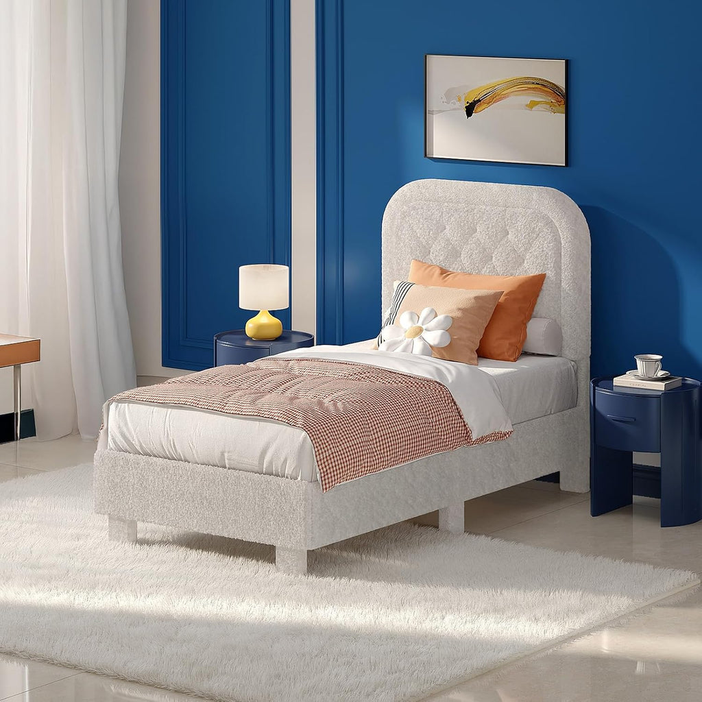 VINGLI Twin Bed Frame Set of 2 with Headboard,Cloud Bed with Rounded Corners, Cream Design,Boucle Upholstered Platform Soft Bed with Sturdy Wood Slats Support,for Kids Teens Adults, White