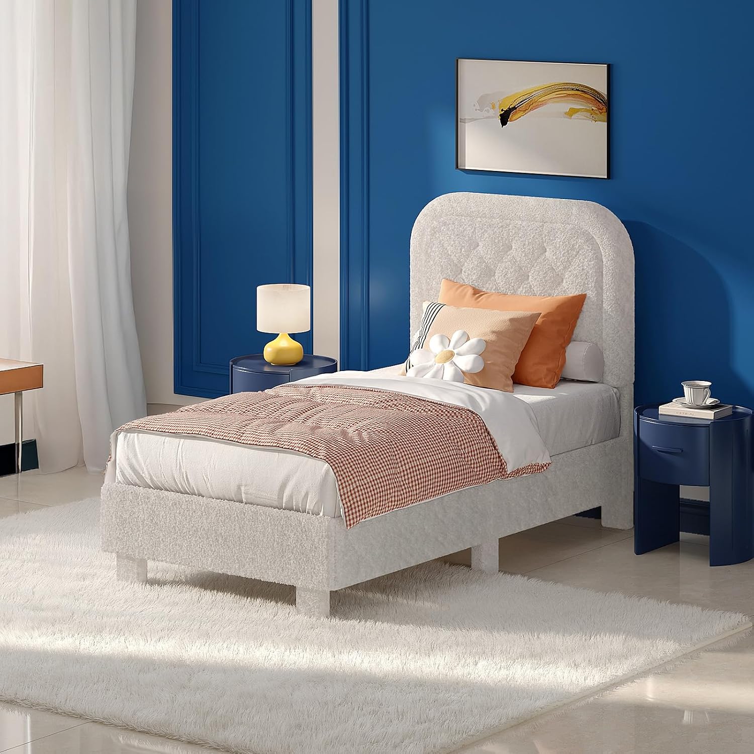 VINGLI Twin Bed Frame Set of 2 with Headboard,Cloud Bed with Rounded Corners, Cream Design,Boucle Upholstered Platform Soft Bed with Sturdy Wood Slats Support,for Kids Teens Adults, White