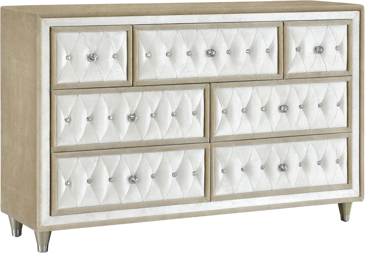 Coaster Home Furnishings Antonella Modern Classic 5-Piece Bedroom Set Velvet Upholstered Eastern King Size Panel Bed Frame 79-inch Headboard Ivory and Camel 223521KE-S5
