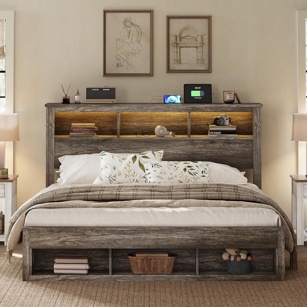 Albott Farmhouse King Size Bed Frame with Storage/Bookcase Headboard & Footboard, Wood Platform Bed with LED Lights/Charging Station, Heavy-Duty Metal Support/No Box Spring Needed/Noise-Free, Gray