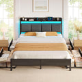 Rolanstar Bed Frame Full Size with Charging Station and LED Lights, Upholstered Storage Headboard with Drawers, Heavy Duty Metal Slats, No Box Spring Needed, Noise Free, Easy Assembly, Dark Grey