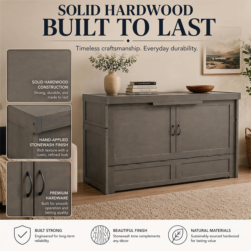 NIGHT & DAY Furniture Murphy Cube Cabinet Bed (Stonewash, Queen)