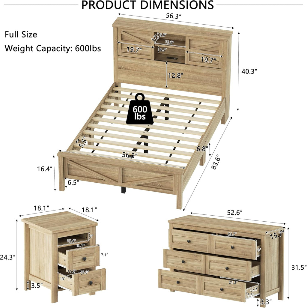 Farmhouse 3-Pieces Bedroom Sets, Queen Size Platform Bed with a Nightstand and 6-Drawer Storage, Wood Platform Bed with Double Sliding Door Storage Headboard and Charging Station (Queen)