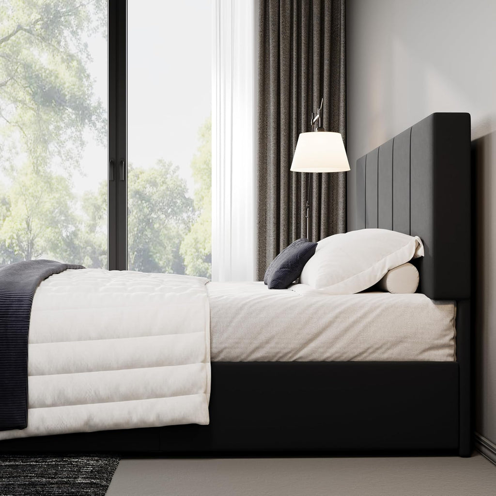 Allewie Queen Size Dutch Velvet Upholstered Platform Bed Frame/Vertical Channel Tufted Adjustable Headboard/Low Profile Bed Frame/No Box Spring Needed/Easy Assembly/Black