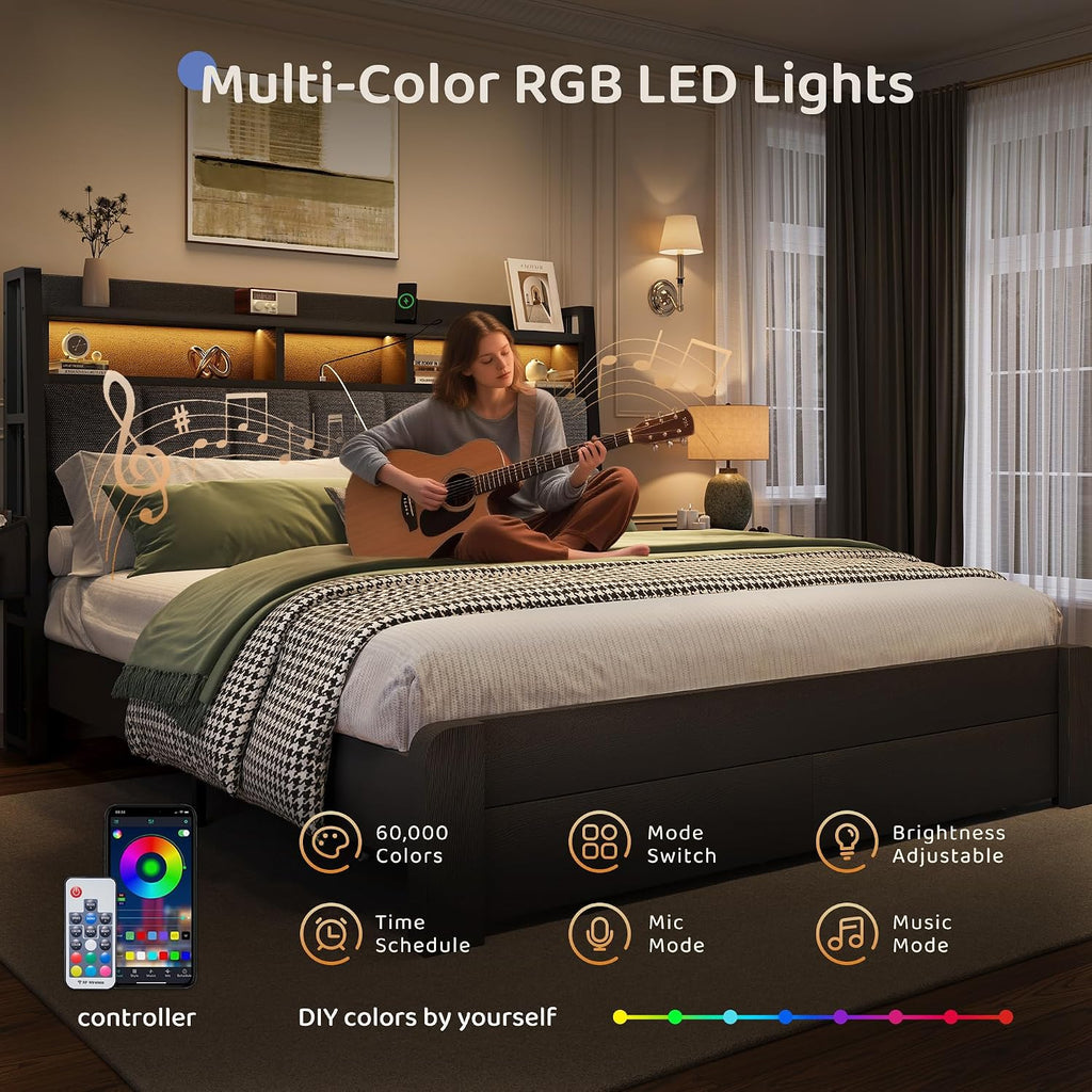BRELTAM King Bed Frame with upholstered Headboard & Storage Drawers Metal Platform Bed Frames King Size with LED Lights Built in Charging Station, No Box Spring Needed, No Noise, Easy Assembly,Black