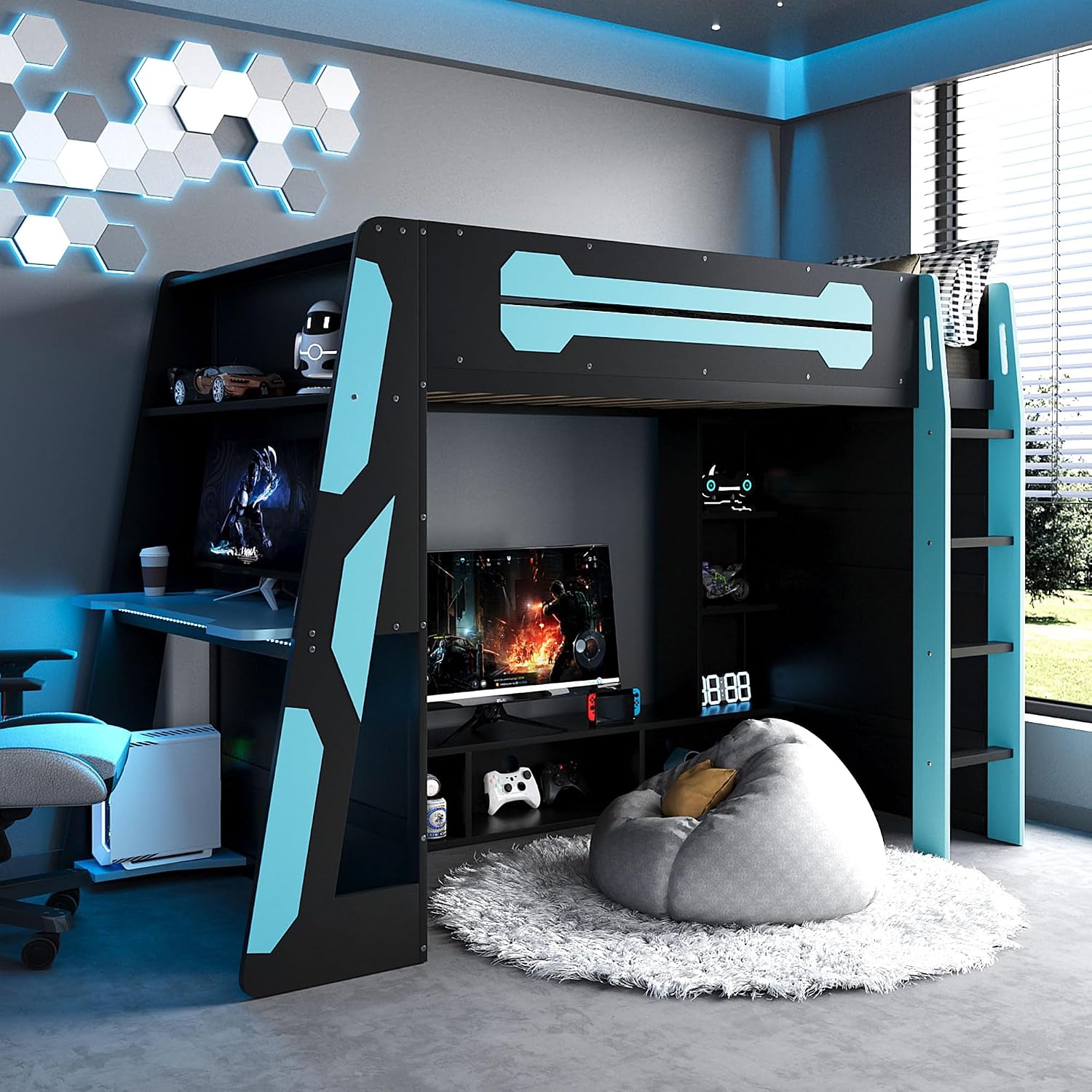 Bellemave Gaming Loft Bed with Desk and Lights, Twin Loft Bed with Storage Shelves and Work Station, Wood Loft Bed Frame for Kids, Boys, Girls, Teens, No Spring Box Needed & Dedicated Style, Blue