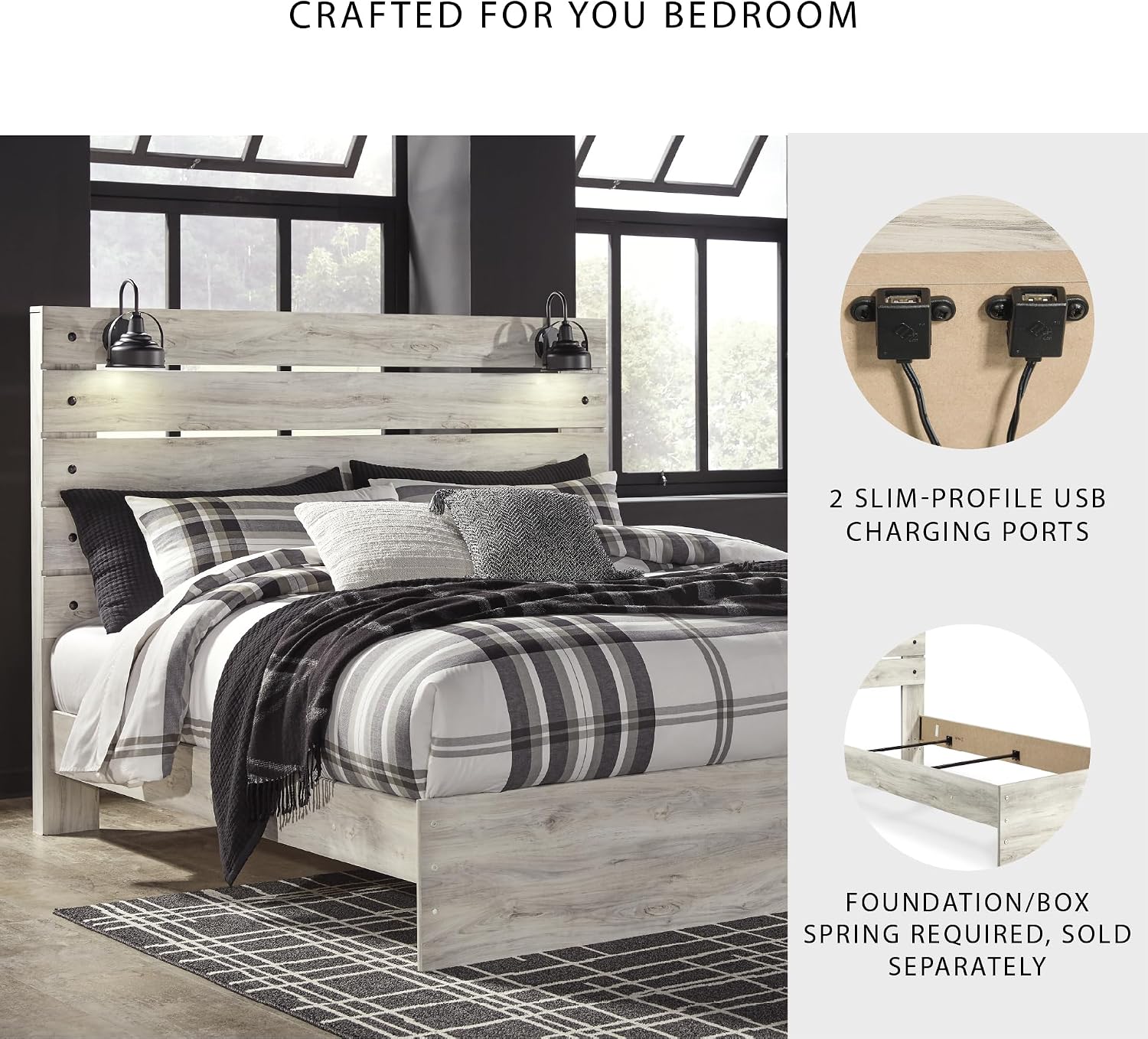 Signature Design by Ashley Cambeck Farmhouse King Panel Bed with Sconce Lights and USB Ports, Foundation or Box Spring Needed, Whitewash