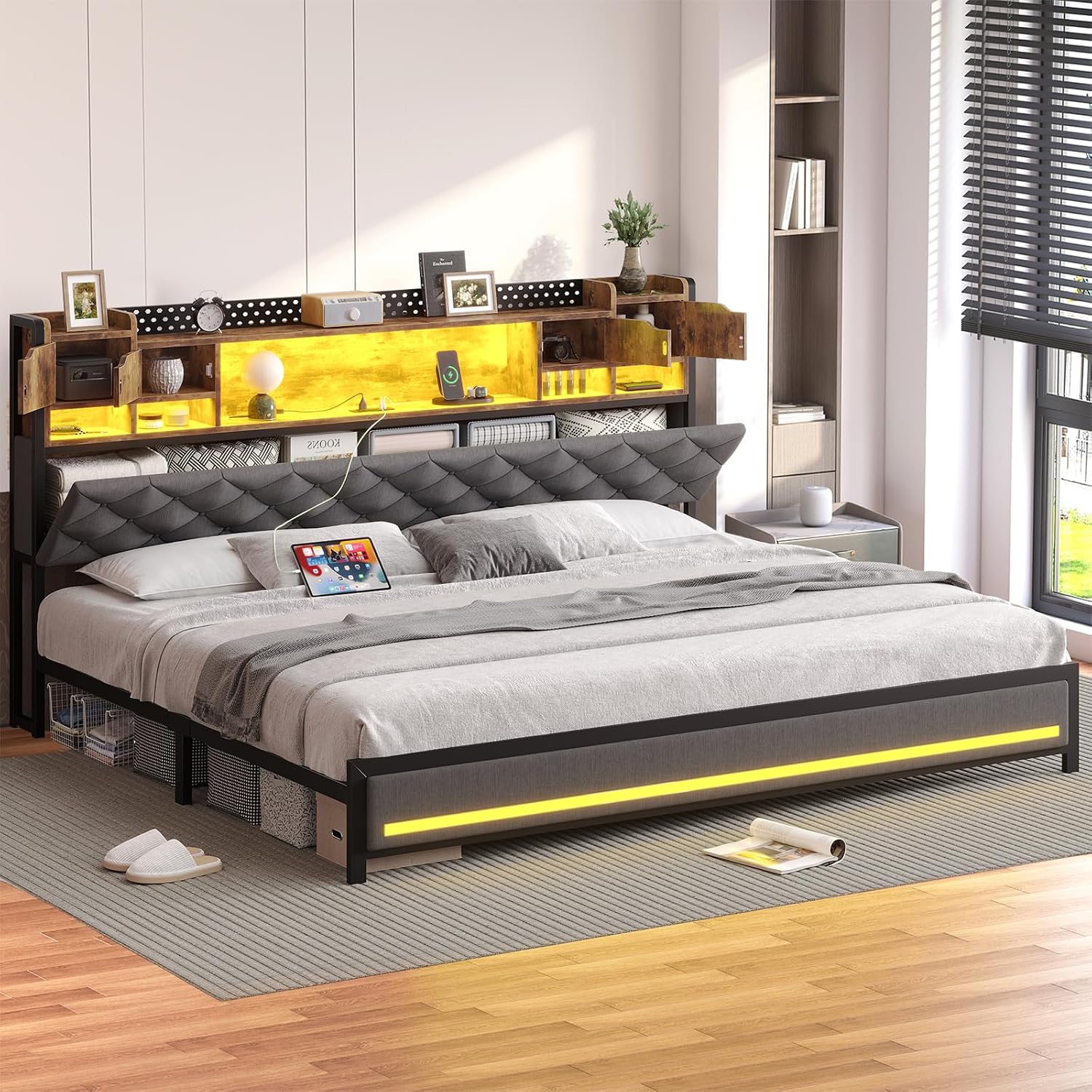 Dnxao King Size Bed Frame with Storage and Upholstered Headboard,Heavy Duty Metal Platform Bed with LED Lights,Charging Station & Hidden Shelves,Noise-Free,No Box Spring Needed,1200lbs,Gray