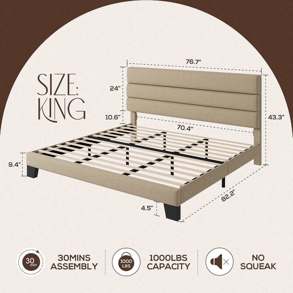 WEEWAY King Bed Frame Platform Bed with Linen Fabric Upholstered Headboard and Wooden Slats Support, Heavy Duty Mattress Foundation, No Box Spring Needed, Easy Assembly, Beige