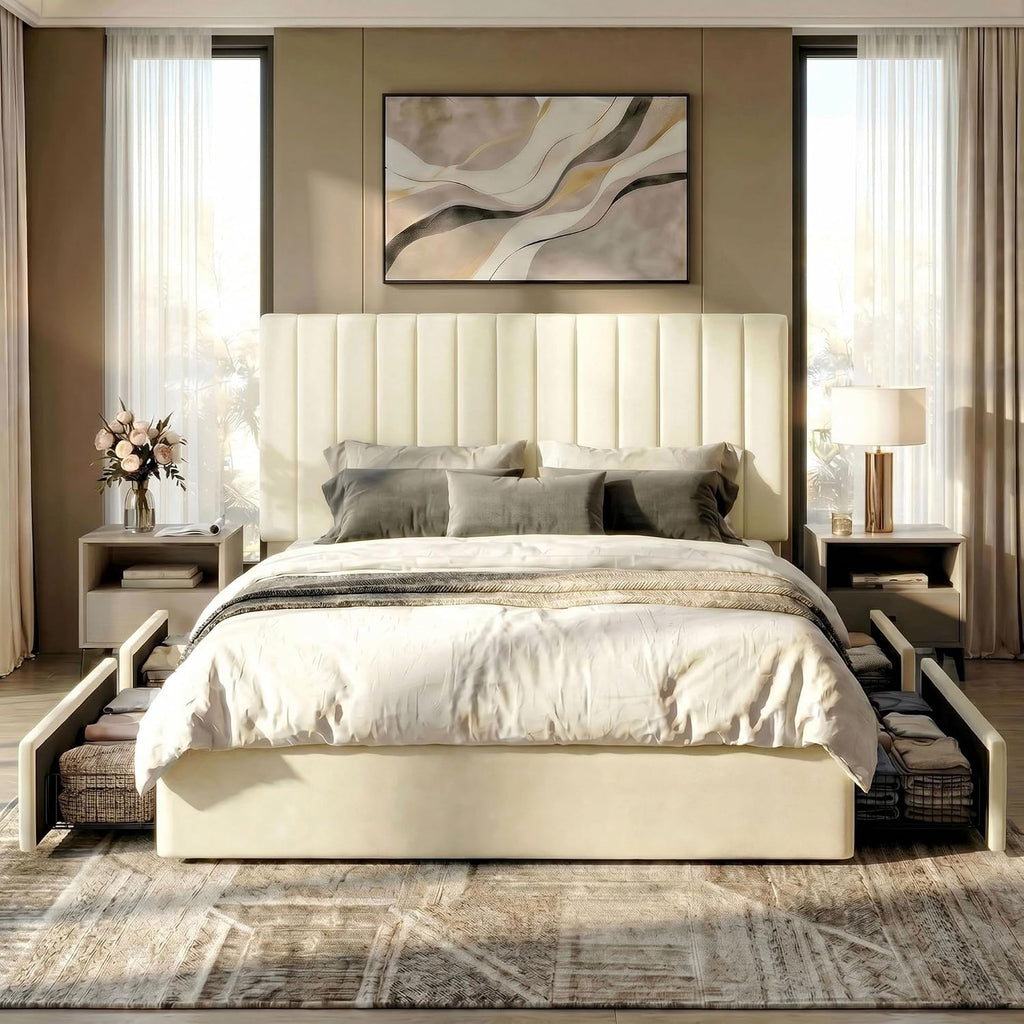 SHA CERLIN King Size Platform Bed Frame with 4 Storage Drawers, Vertical Channel Tufted Adjustable Headboard, Velvet Upholstered, Wooden Slats Support, No Box Spring Needed, Easy Assembly, Cream