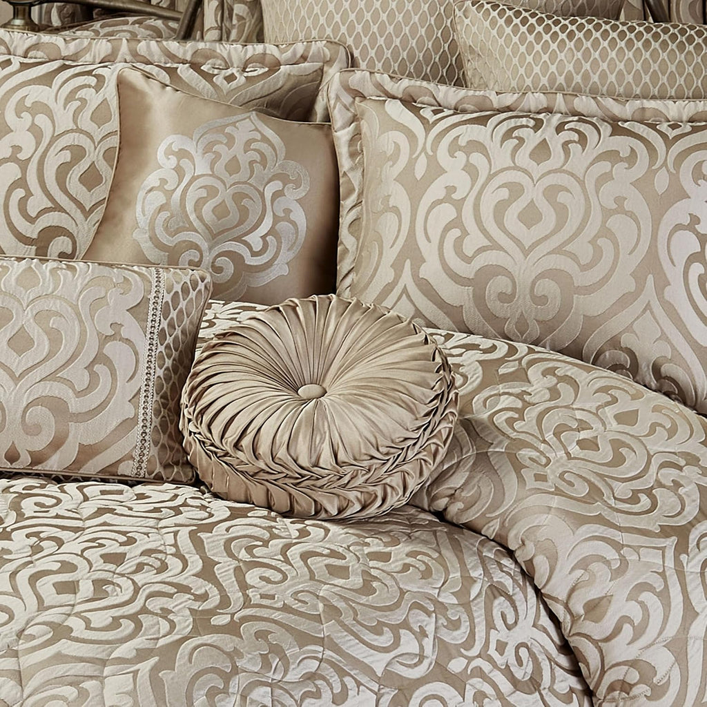 Davenport Luxury Bedding | Neutral Sand and Beige Hues | Jacquard-Woven Puff-Textured Scrollwork Medallions | 6 Pc Bed Set Includes King Bedspread, 2 King Shams, and 3 Decorative Reversible Pillows