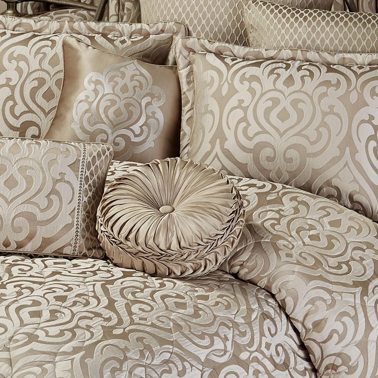 Davenport Luxury Bedding | Neutral Sand and Beige Hues | Jacquard-Woven Puff-Textured Scrollwork Medallions | 6 Pc Bed Set Includes King Bedspread, 2 King Shams, and 3 Decorative Reversible Pillows