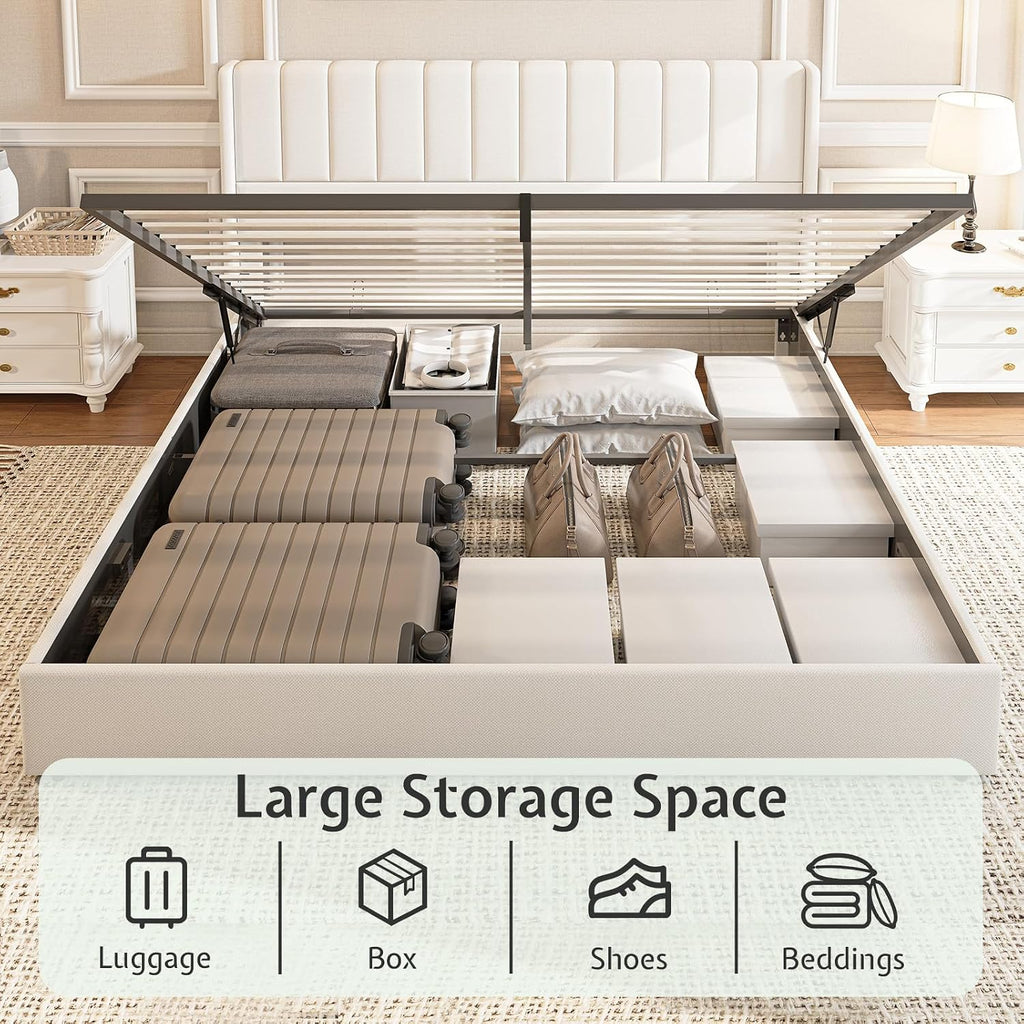 Jocisland Queen Size Lift Up Storage Bed Frame, Linen Upholstered Platform Bed with Vertical Channel Tufted Headboard and Wingback, Hydraulic System, No Box Spring Needed, Wood Slats Support, White