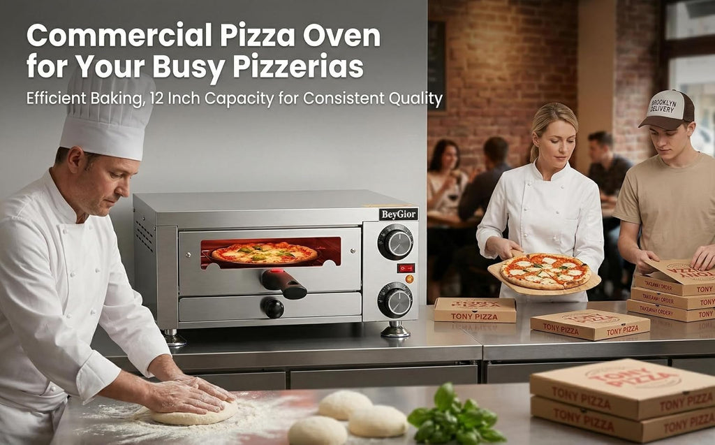 Electric Pizza Oven Indoor,12 inch Countertop Pizza Maker with Viewing Window,Stainless Steel Commercial Pizza Oven, Removable Handle,Dual Baking Trays and Oven Mitts