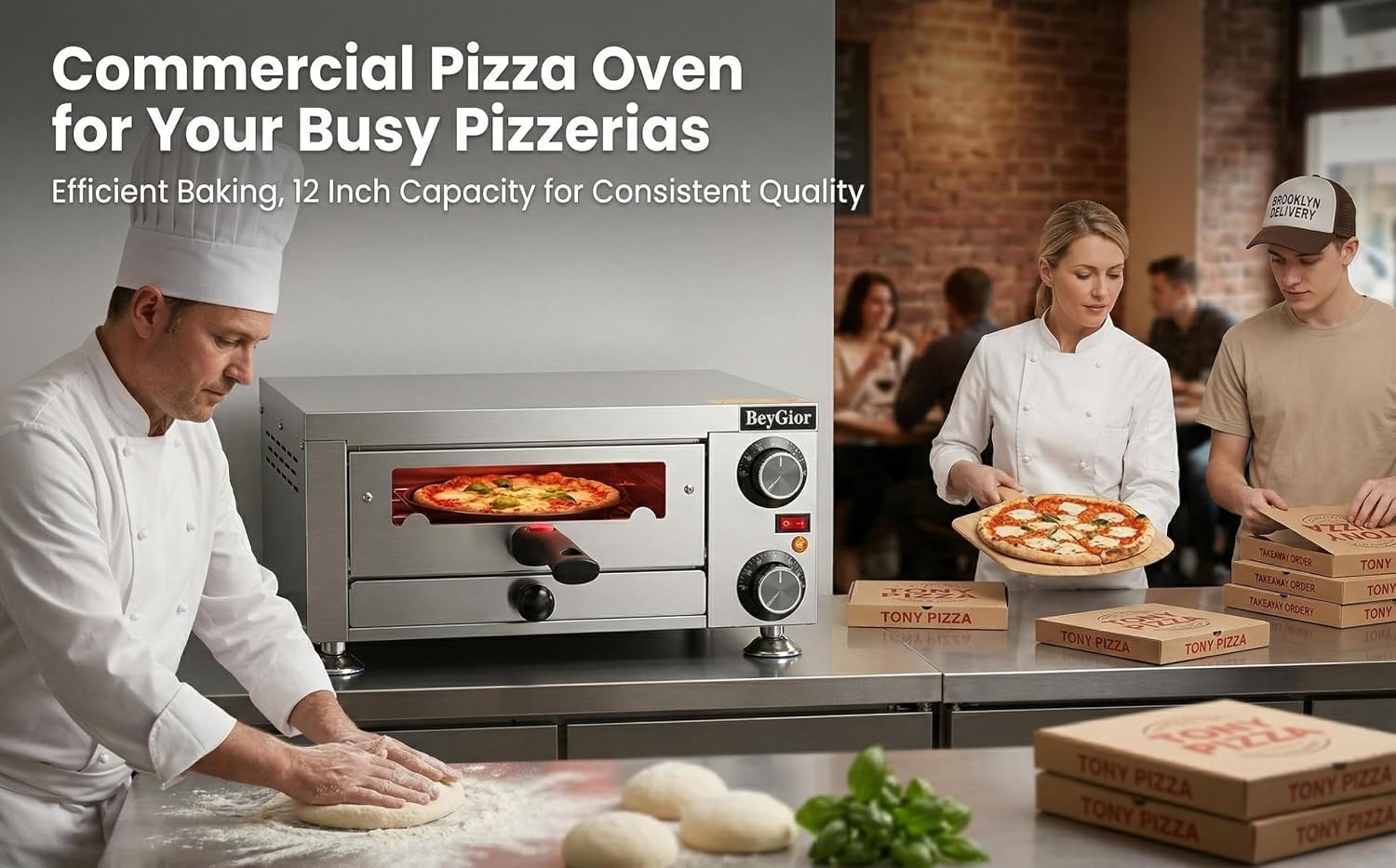 Electric Pizza Oven Indoor,12 inch Countertop Pizza Maker with Viewing Window,Stainless Steel Commercial Pizza Oven, Removable Handle,Dual Baking Trays and Oven Mitts