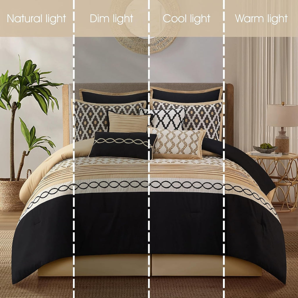 Stratford Park Geometirc King Black Gold Comforter Set, 10 Piece, Jacquard Bedding Comforters & Sets, Bedskirt, Pillows & Shams,