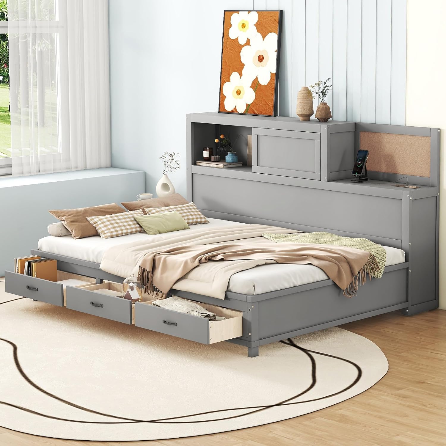Merax Full Size Daybed with 3 Storage Drawers,Headboard with Shelf,A Set of Sockets and USB Ports,Grey