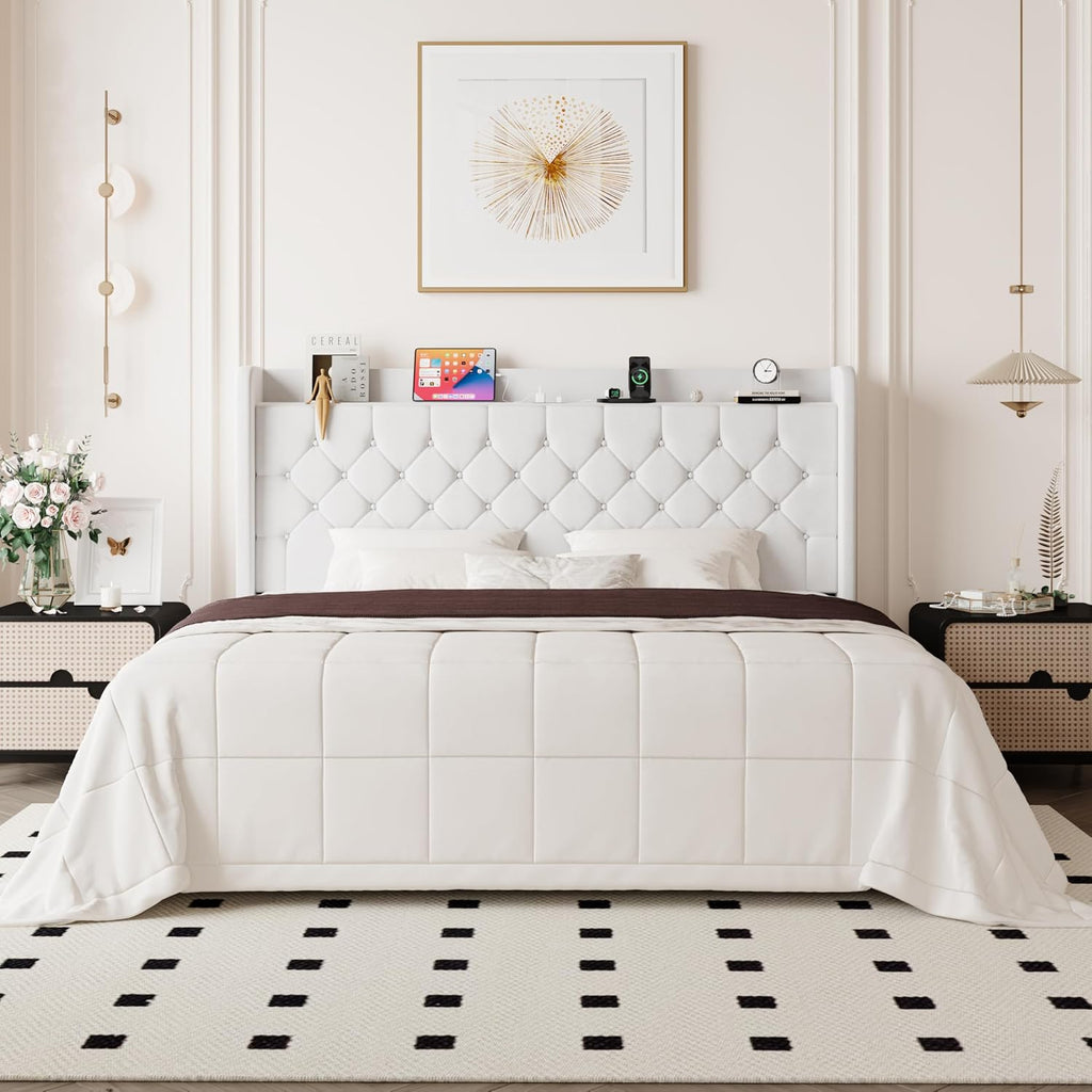 Allewie King Size Bed Frame, Storage Headboard with Charging Station, Wingback Velvet Upholstered, Diamond Stitched Button Tufted, Sturdy Wooden Slats, No Box Spring Needed, Easy Assembly, White