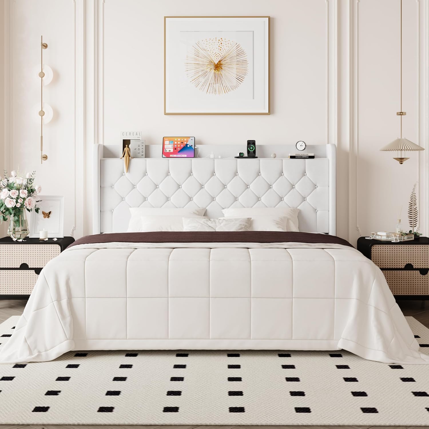 Allewie King Size Bed Frame, Storage Headboard with Charging Station, Wingback Velvet Upholstered, Diamond Stitched Button Tufted, Sturdy Wooden Slats, No Box Spring Needed, Easy Assembly, White