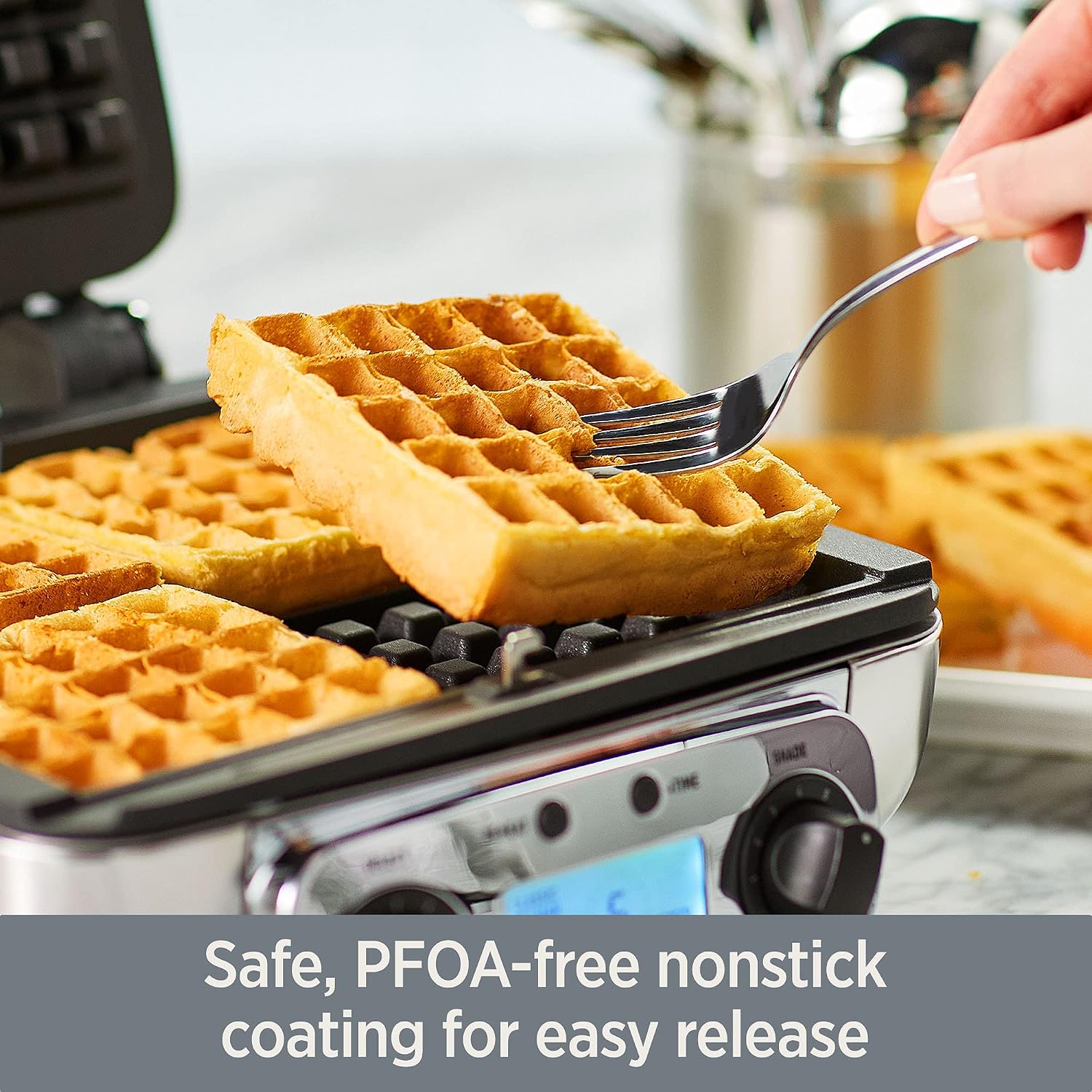 All-Clad Electric Stainless Steel Waffle Maker 4 slice, Digital screen and audible beep alert 7 Browning Levels, Square, Belgium Waffle, Removable Plates, Dishwasher Safe Silver