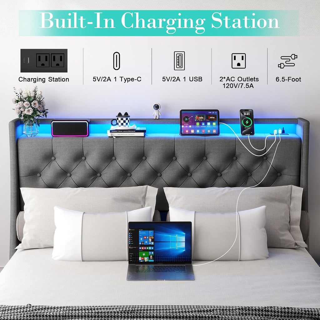 Doltoro Full Size Bed Frame with Headboard and 2 Storage Drawers, Upholstered Wingback Full Size Platform Bed Frame with Charging Station & LED, Noise Free, No Box Spring Needed, Easy Assembly, Gray