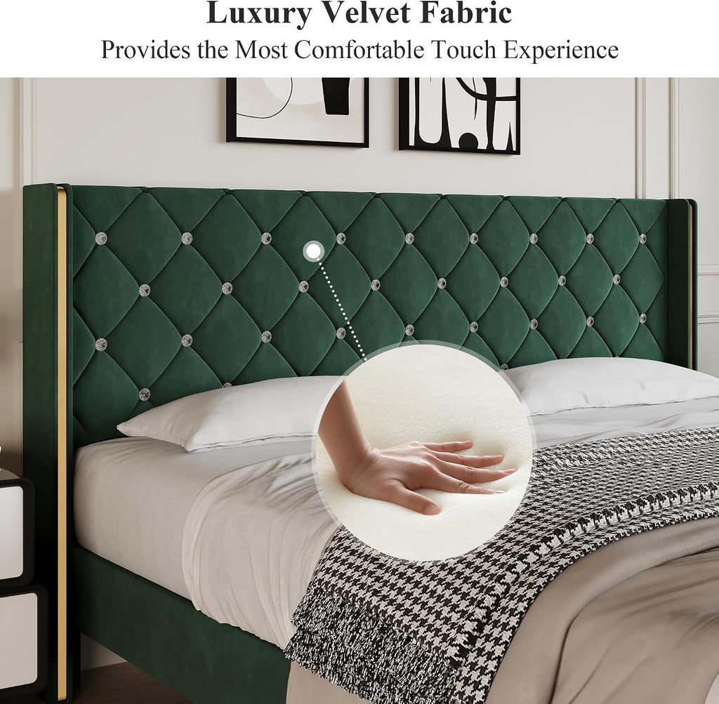 Lullabyre Full Size Bed Frame, Upholstered Bed Frame with Diamond Tufted Headboard, Modern Silverside Wingback, No Box Spring Needed, Easy Assembly, Green