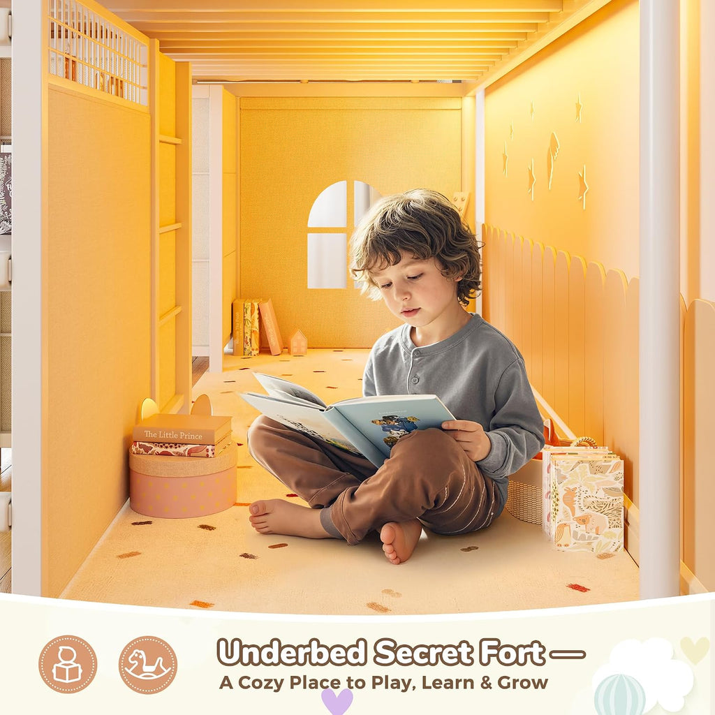 Low Loft Bed Twin Size with 7 Storage Drawers, Desk and LED Lights, Heavy Duty Metal Kids Loft Bed with 12' H Safety Guardrail, Anti-Collision Pad, Private Play Curtain, Under-Bed Play Space - White
