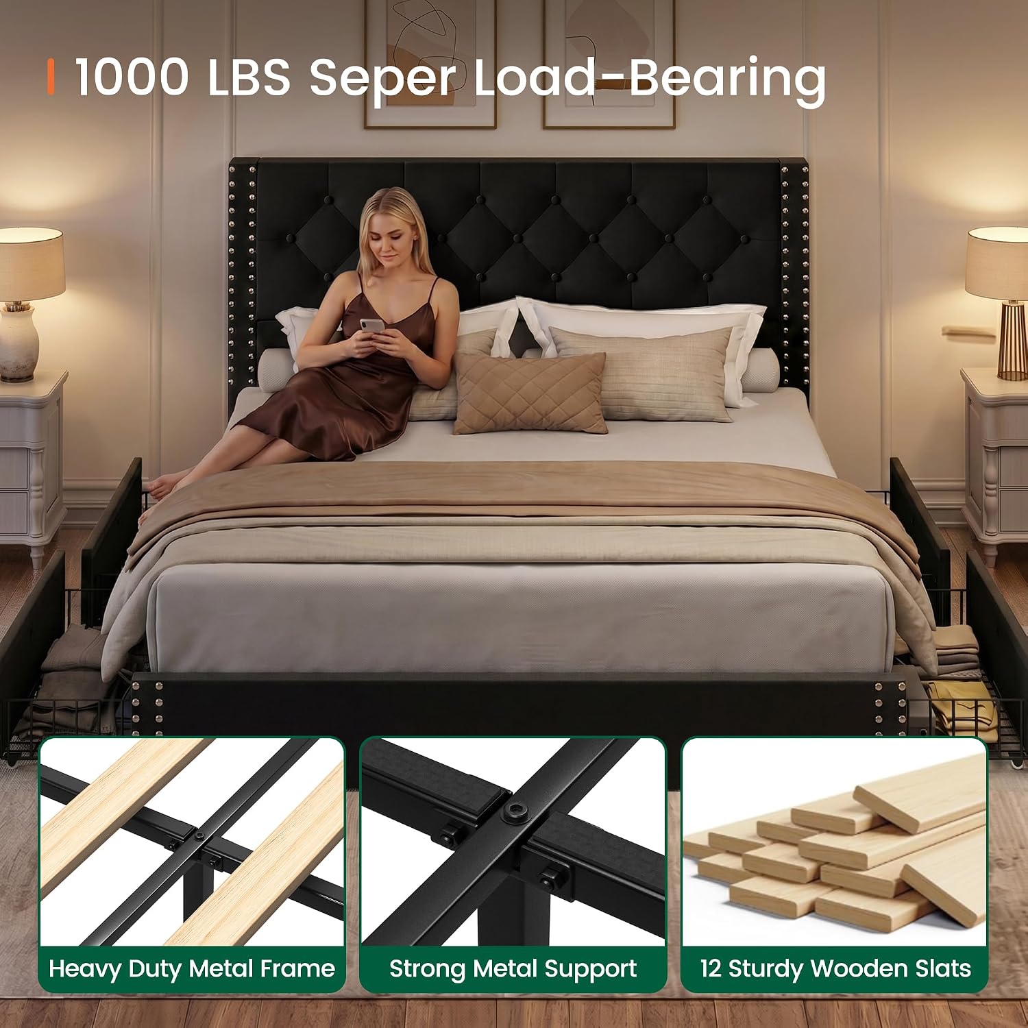 LARMACE Full Size Bed Frame with 4 Storage Drawers and Tufted Headboard Upholstered Platform Bed Frame with Heavy Duty Wood Slats, No Box Spring Needed, Easy Assembly,Black
