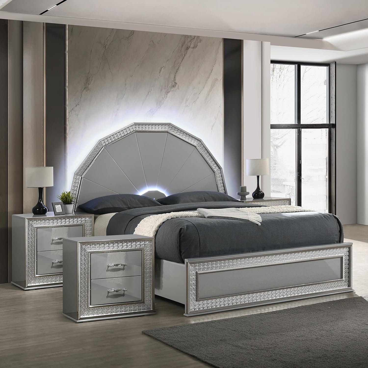 Furniture of America Santte Glam Solid Wood 3-Piece Bedroom Set with 7-Ray Headboard, Backlit LED, Metallic Scale Molding Trim, Felt-Lined Top Drawer, No Box Spring Needed, King, Metallic Gray