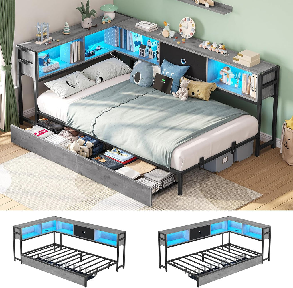 Hasuit Corner Bed Frame Twin XL with Storage Drawers and Bookcase Headboard, Twin xl Metal Platform Corner Bed Frame with Charging Station and LED Lights, Twin XL Daybed for Kids Teens Guests,Oak Gray