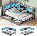 Hasuit Twin Corner Bed Frame with Storage Drawers and Bookcase Headboard, Twin Size Metal Platform Corner Bed Frame with Charging Station and LED Lights, Twin Daybed for Kids Teens Guests, Oak Gray