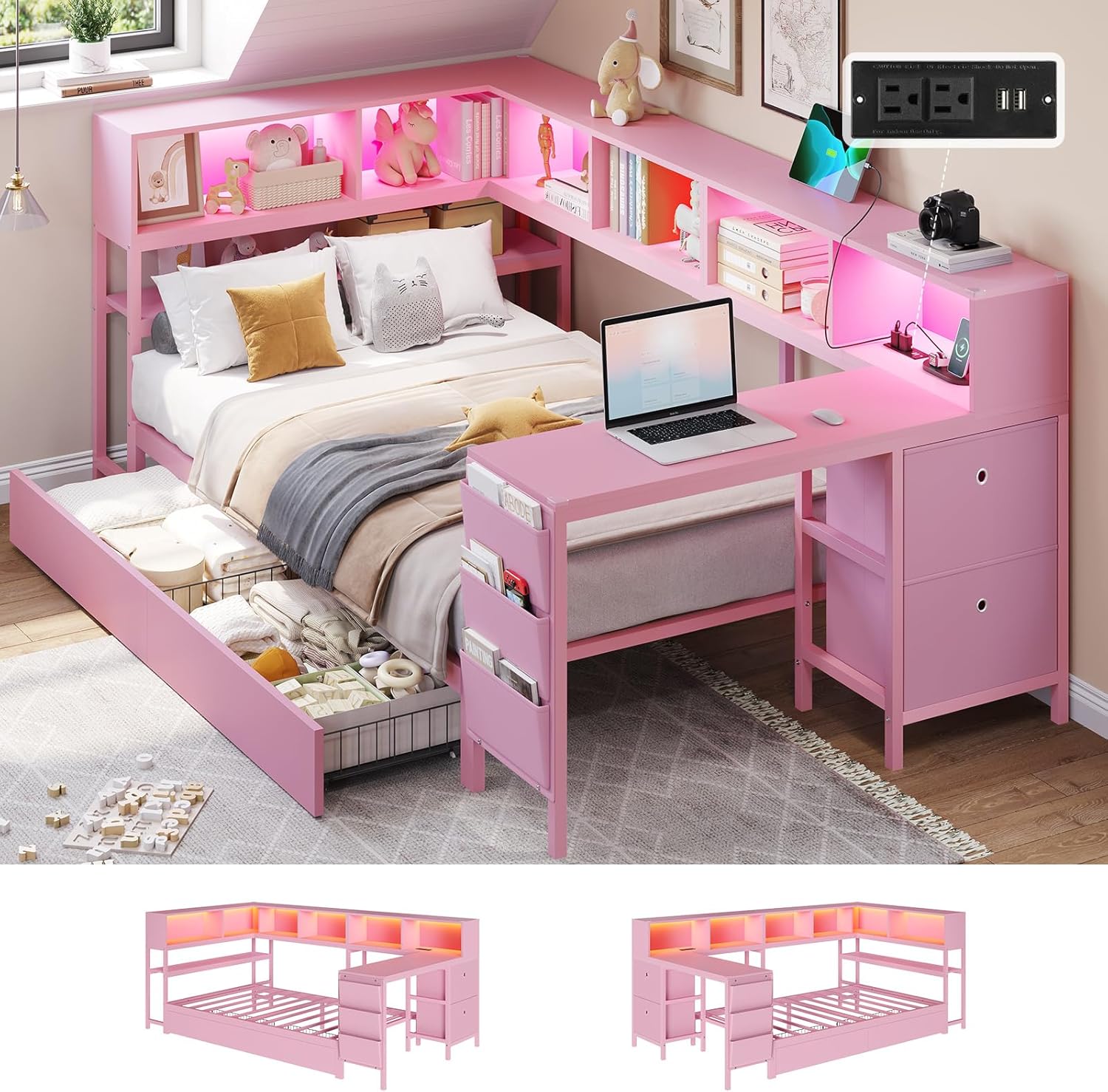 DICTAC Corner Twin Bed Frame with Desk,Charging Station and Bookcase Storage Pink Bed Frame for Girls with Storage Drawers and Led Lights Twin Size Daybed with Open Shelves,No Box Spring Needed