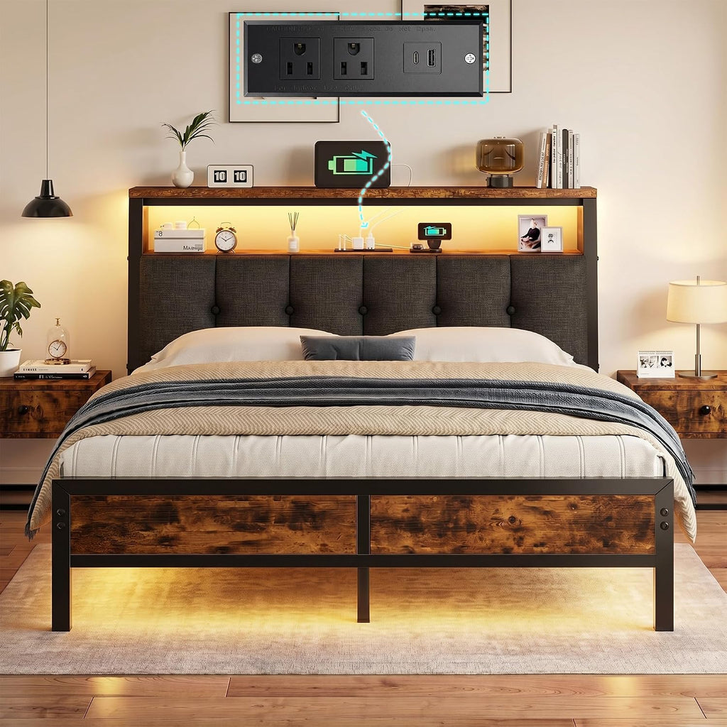 Queen Bed Frame with Charging Station,Bed Frame Queen Size with LED Linghts Have Upholstered Storage Headboard and 12' Under-Bed Storage, Providing Noise-Free and No-Sliding Support,Vintage Brown