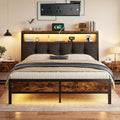 Queen Bed Frame with Charging Station,Bed Frame Queen Size with LED Linghts Have Upholstered Storage Headboard and 12' Under-Bed Storage, Providing Noise-Free and No-Sliding Support,Vintage Brown