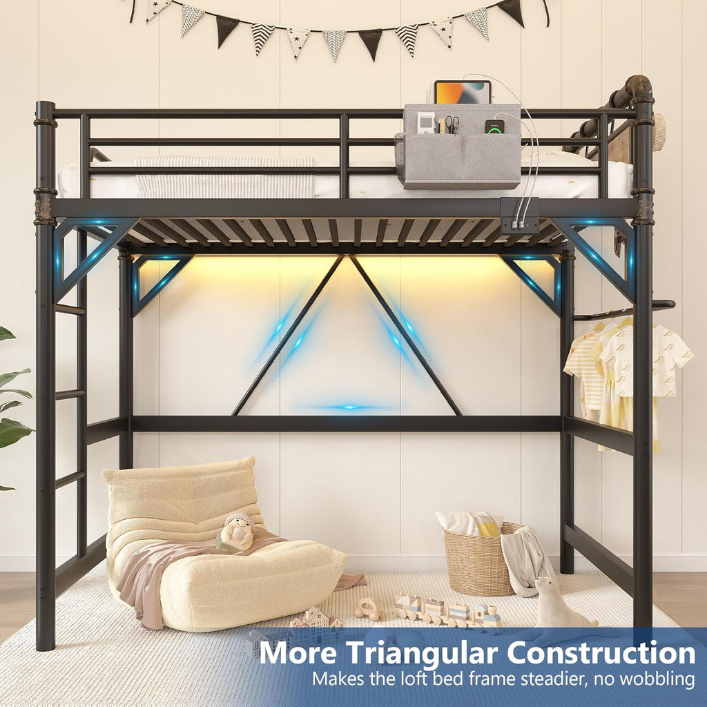 Twin Size Loft Bed with LED Lights and Charging Station, Industrial Heavy Duty Metal Loft Bed Frame with Ladder and Guardrail for Kids Adults, Small Space Saving Design for Bedroom Dorm, Vintage Brown