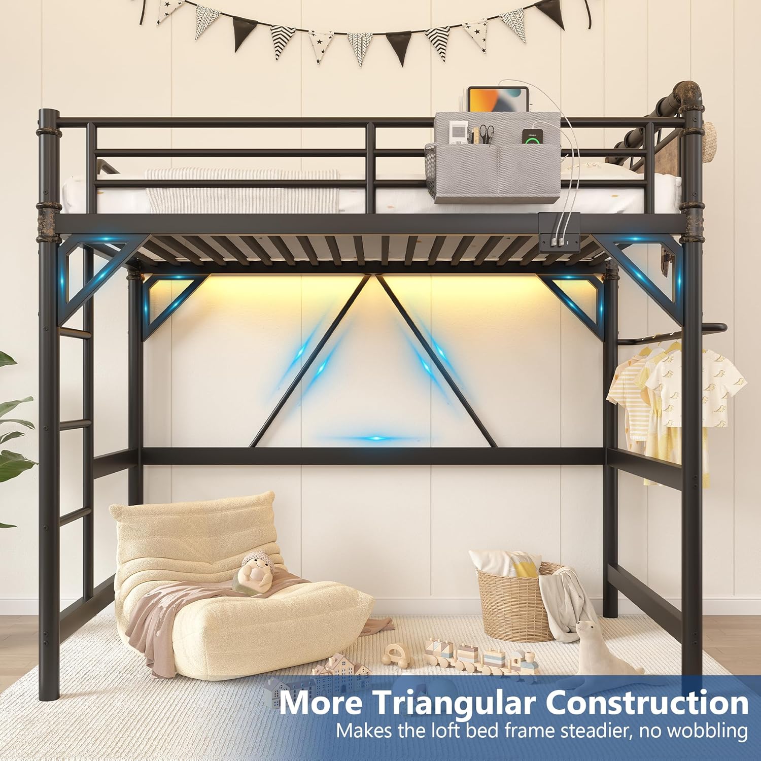 Twin Size Loft Bed with LED Lights and Charging Station, Industrial Heavy Duty Metal Loft Bed Frame with Ladder and Guardrail for Kids Adults, Small Space Saving Design for Bedroom Dorm, Vintage Brown