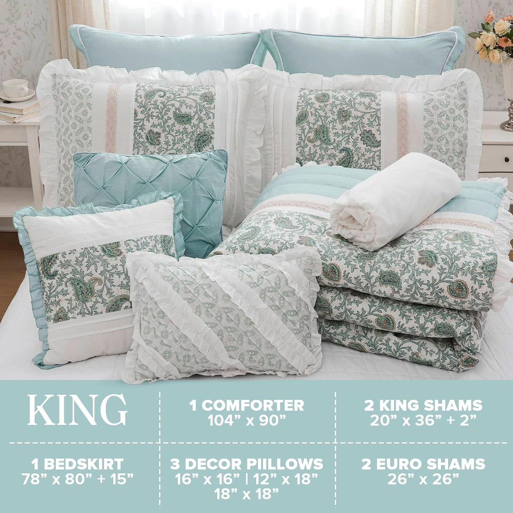 Madison Park Dawn 100% Cotton Shabby Chic Comforter Set-Modern Cottage Design All Season Down Alternative Bedding, Matching Shams, Bedskirt, Decorative Pillows, King(104'x92'), Aqua 9 Piece