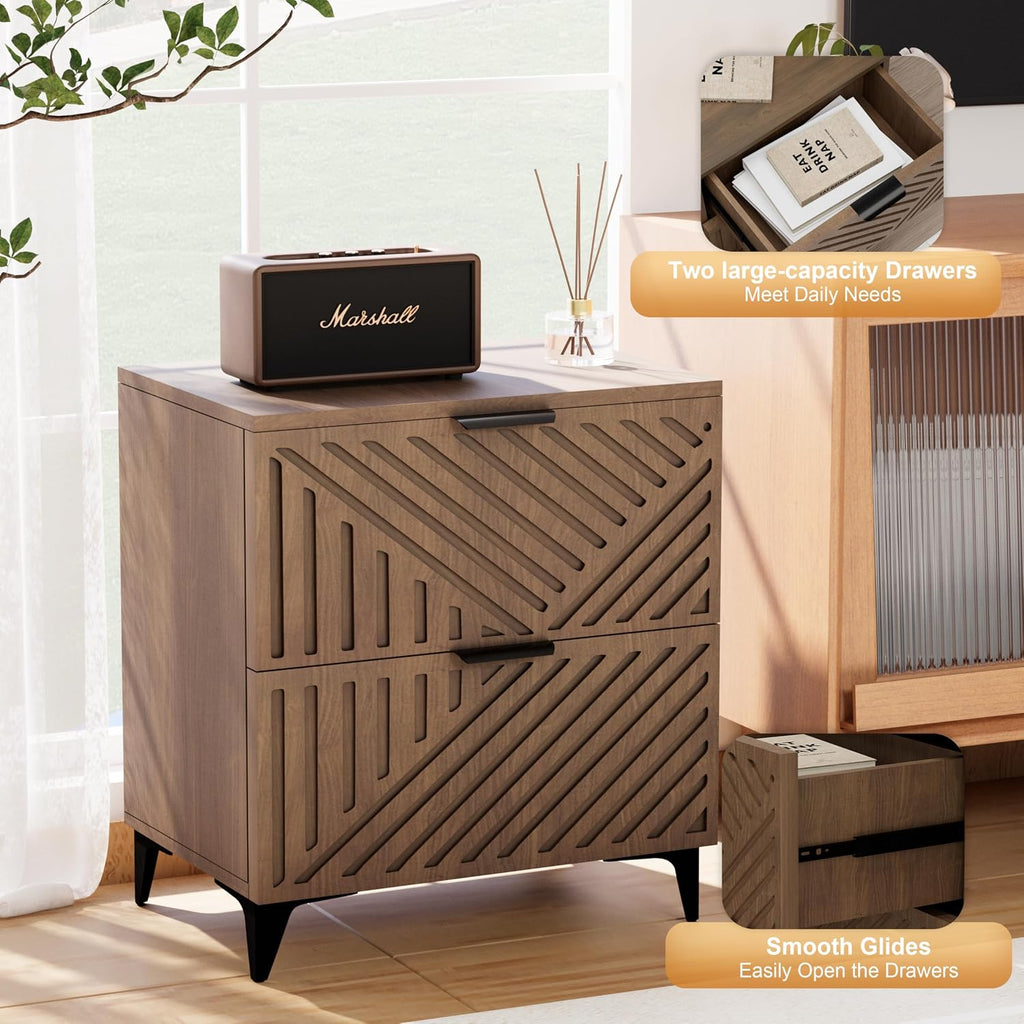 Royal Windsor Small Night Stand Set of 2, Fluted Nightstand with 2 Drawers, Side End Table with Storage, Modern Night Stand Bedside Table for Small Indoor Rooms, Brown