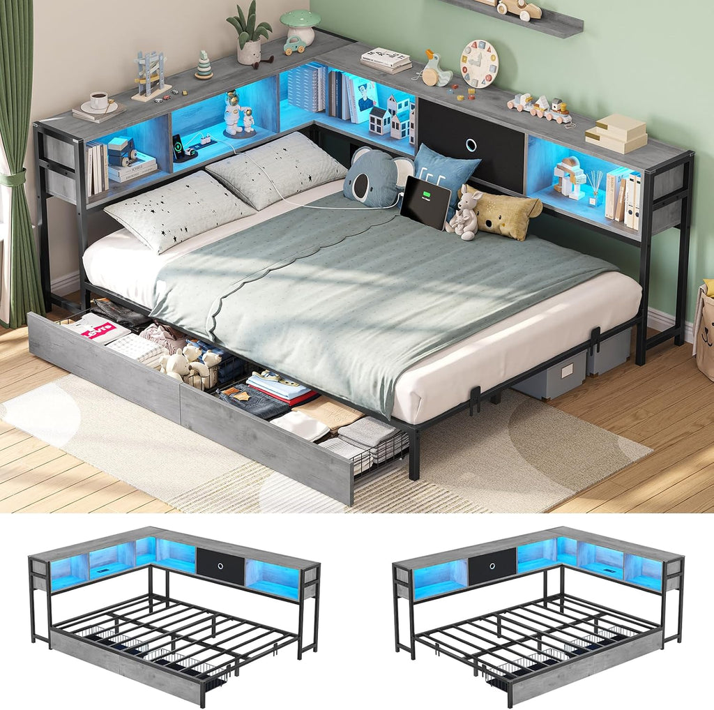 Hasuit Full Corner Bed Frame with Storage Drawers and Bookcase Headboard, Full Size Metal Platform Corner Bed Frame with Charging Station and LED Lights, Full Daybed for Kids Teens Guests, Oak Gray
