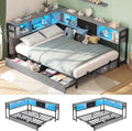 Hasuit Full Corner Bed Frame with Storage Drawers and Bookcase Headboard, Full Size Metal Platform Corner Bed Frame with Charging Station and LED Lights, Full Daybed for Kids Teens Guests, Oak Gray