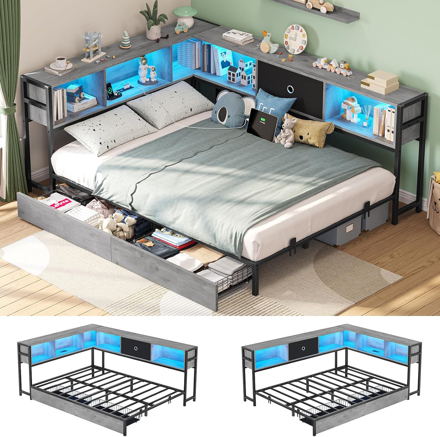 Hasuit Full Corner Bed Frame with Storage Drawers and Bookcase Headboard, Full Size Metal Platform Corner Bed Frame with Charging Station and LED Lights, Full Daybed for Kids Teens Guests, Oak Gray