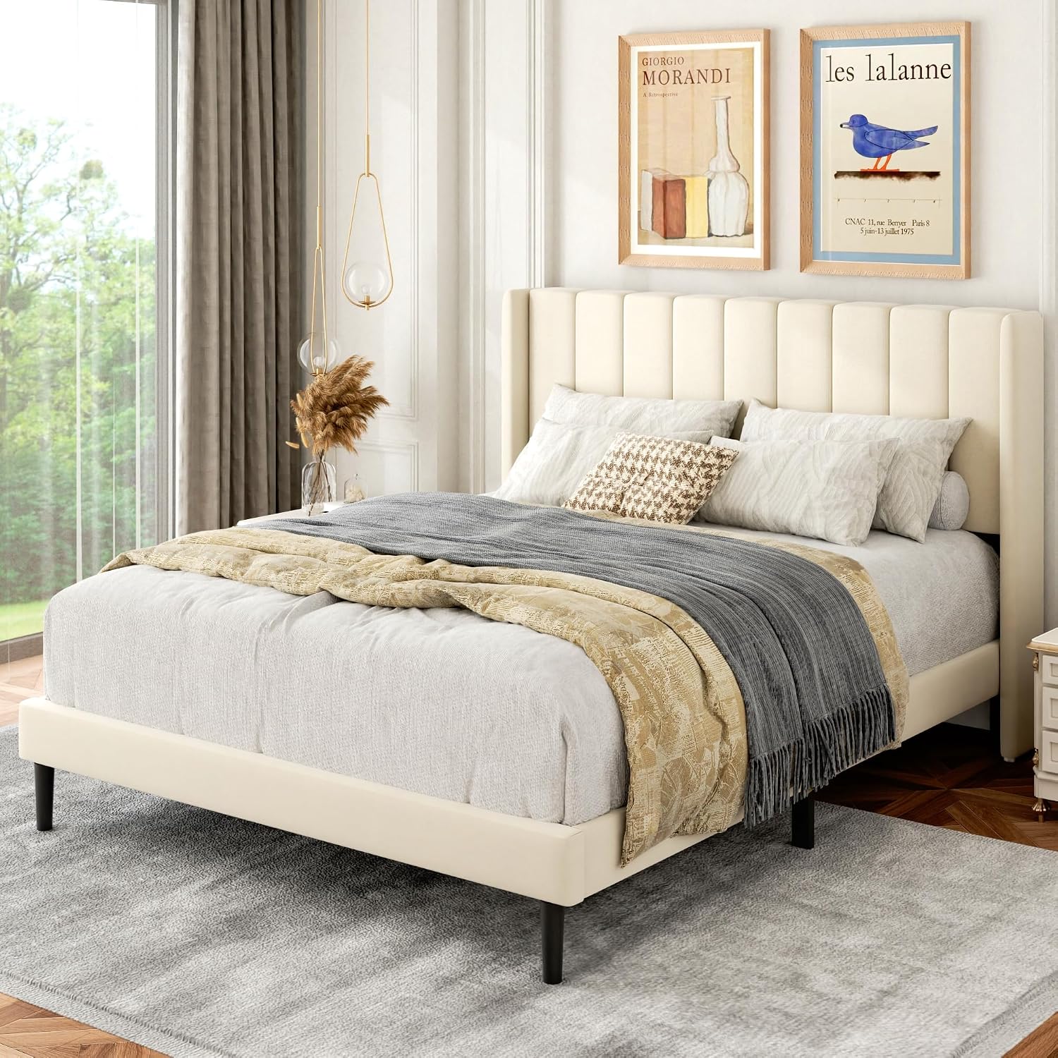 Gruwans Full Size Bed Frame with Upholstered Wingback Headboard, Easy Assemnly Platform Bed, Wooden Slat Support No Box Spring Needed, Cream