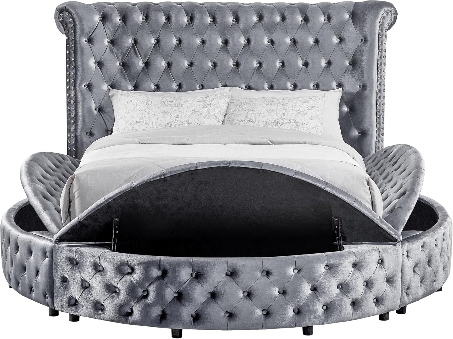 Furniture of America Rhodo Fabric Upholstered 3-Piece Bedroom Set, King Size Platform Bed and 2-Drawer Nightstands with USB Port, Button Tufted Headboard, No Box Spring Required, Gray