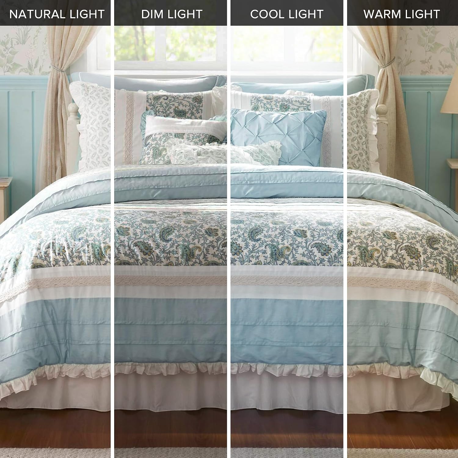 Madison Park Dawn 100% Cotton Shabby Chic Comforter Set-Modern Cottage Design All Season Down Alternative Bedding, Matching Shams, Bedskirt, Decorative Pillows, King(104'x92'), Aqua 9 Piece