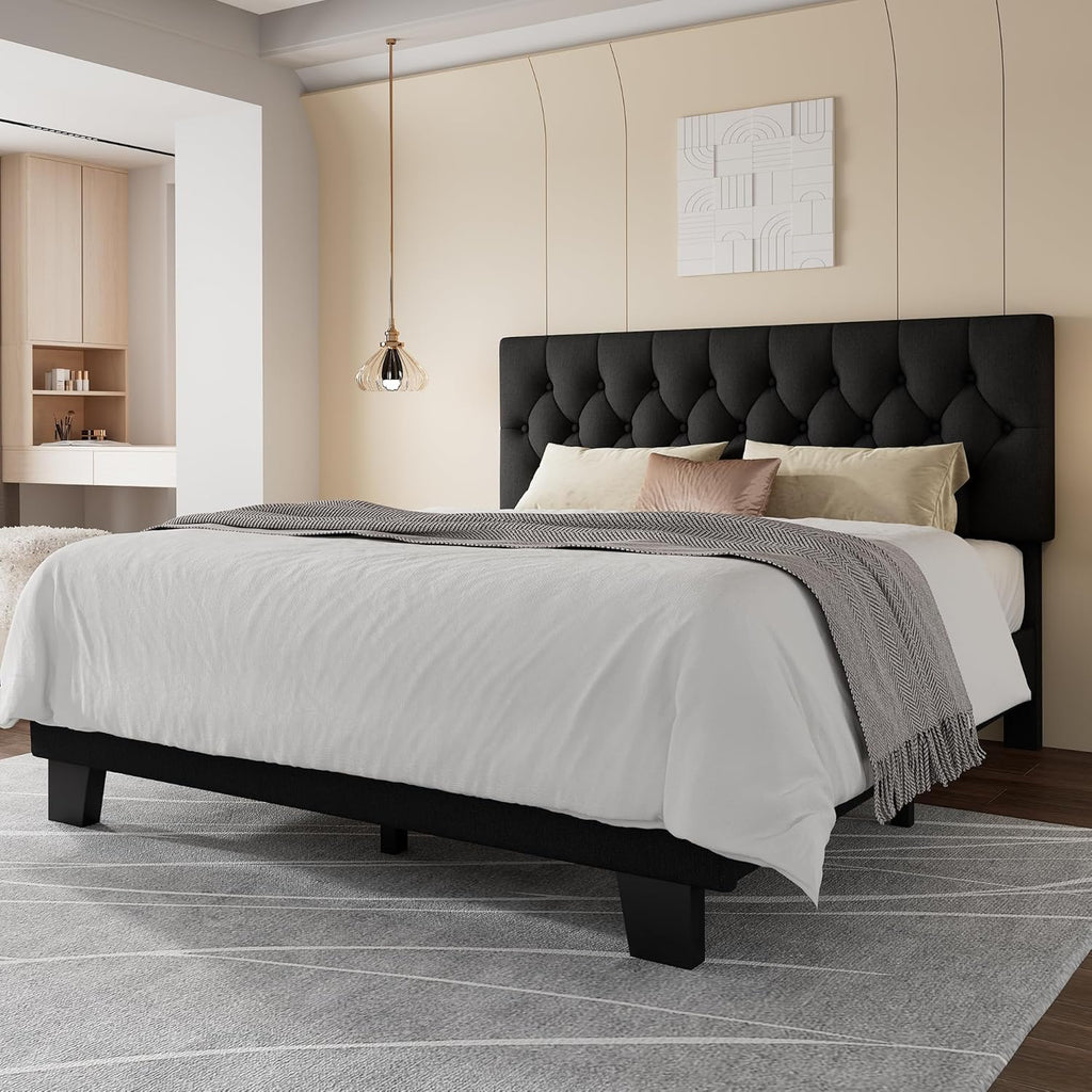 Feonase Full Size Platform Bed Frame with Button Tufted Headboard, Upholstered Linen Bed with Wooden Slats Support, No Box Spring Needed, Easy Assembly, Noise-Free, Black