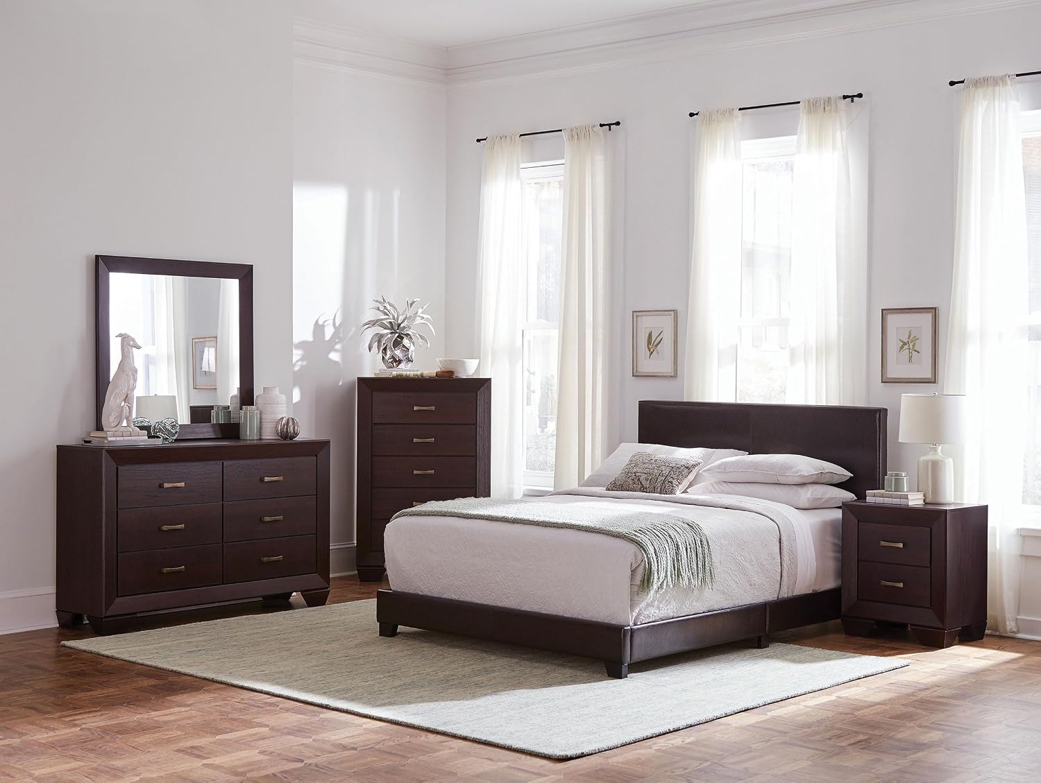 Coaster Home Furnishings Dorian Transitional 5-Piece Bedroom Set Leatherette Upholstered Twin Size Panel Bed Frame 46-inch Headboard Dark Cocoa 300762T-S5