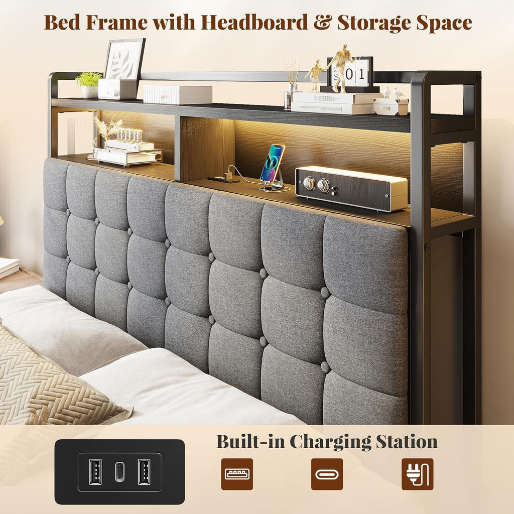 EnHomee Full Size Bed Frame with Headboard and 60' W Bed End Stool, 2 Drawers & LED & Charging Port Full Bed Frame with Storage Built in Charging Station,NO Noise,No Box Spring Needed,Gray