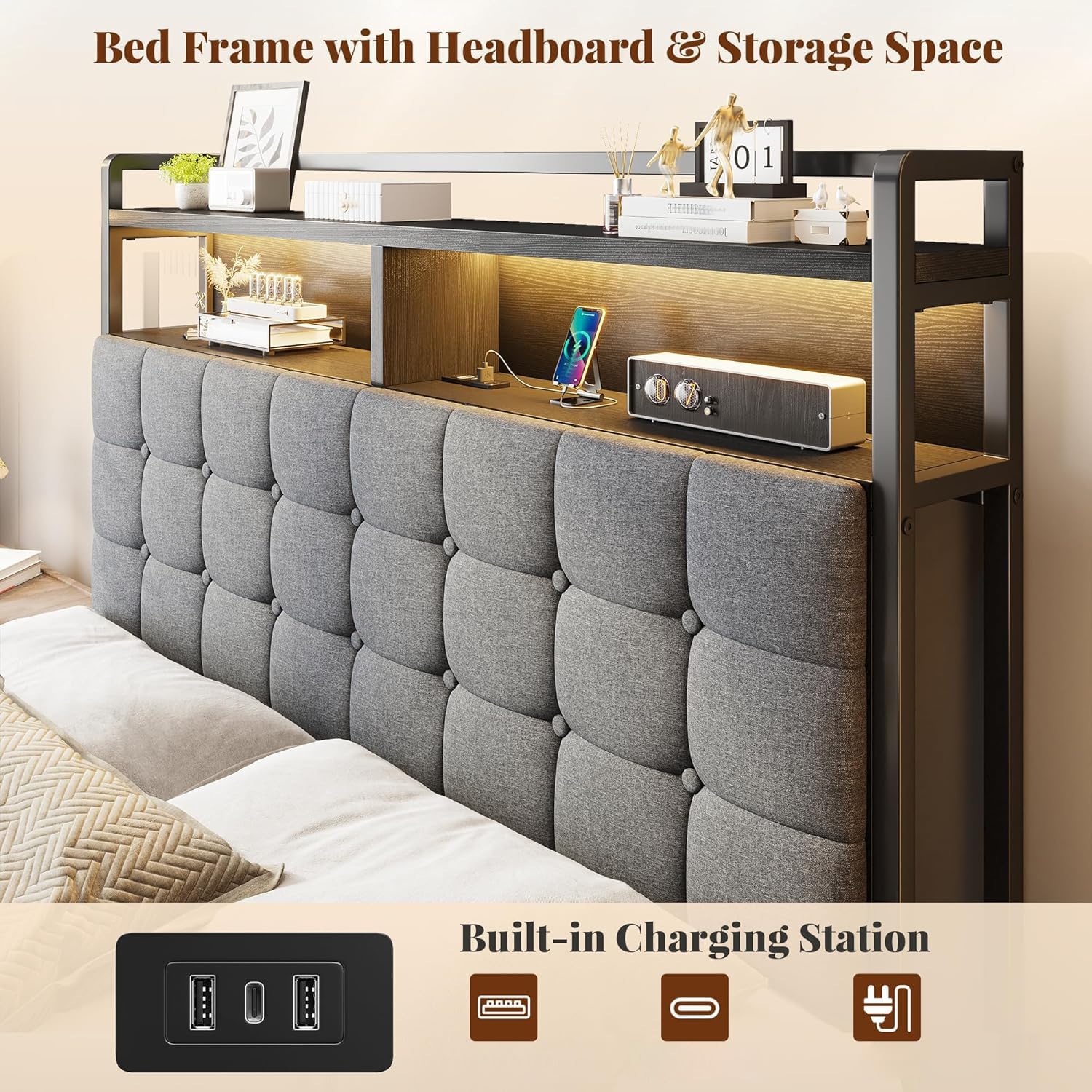 EnHomee Full Size Bed Frame with Headboard and 60' W Bed End Stool, 2 Drawers & LED & Charging Port Full Bed Frame with Storage Built in Charging Station,NO Noise,No Box Spring Needed,Gray