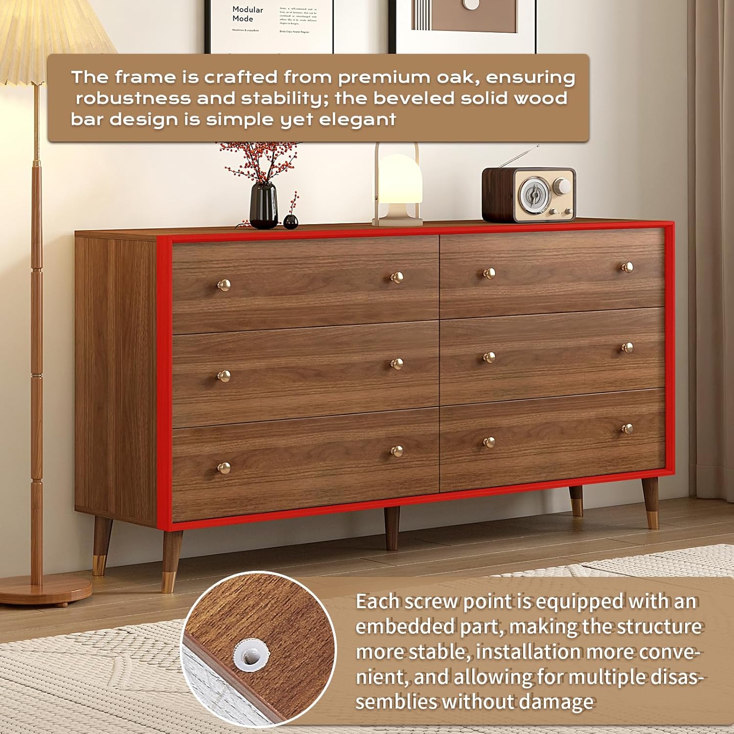 Messenya 6 Drawer Dresser for Bedroom, 55 Inch Walnut Dresser for Closet, Mid Century Wood Chest of Drawers with Natural Texture & Pre-Embedded Slots for TV Stand, Living Room, Hallway, Office