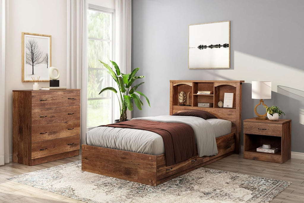 OS Home and Office Furniture Twin Sized Bookcase Headboard Platform Bed in Oak